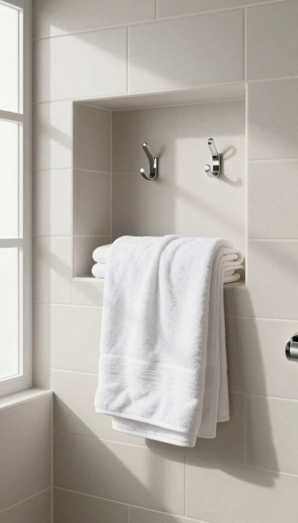 Recessed shower niche with towel hooks holding white towels in a modern bathroom