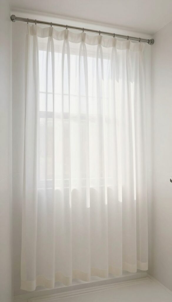 A walk-in shower with sheer voile panels softly diffusing natural light in a bright, serene bathroom setting.