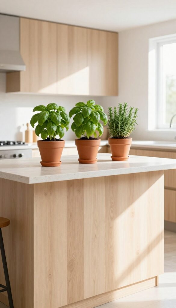 Three small terracotta herb pots on a wooden kitchen island with basil, rosemary, and thyme in natural light