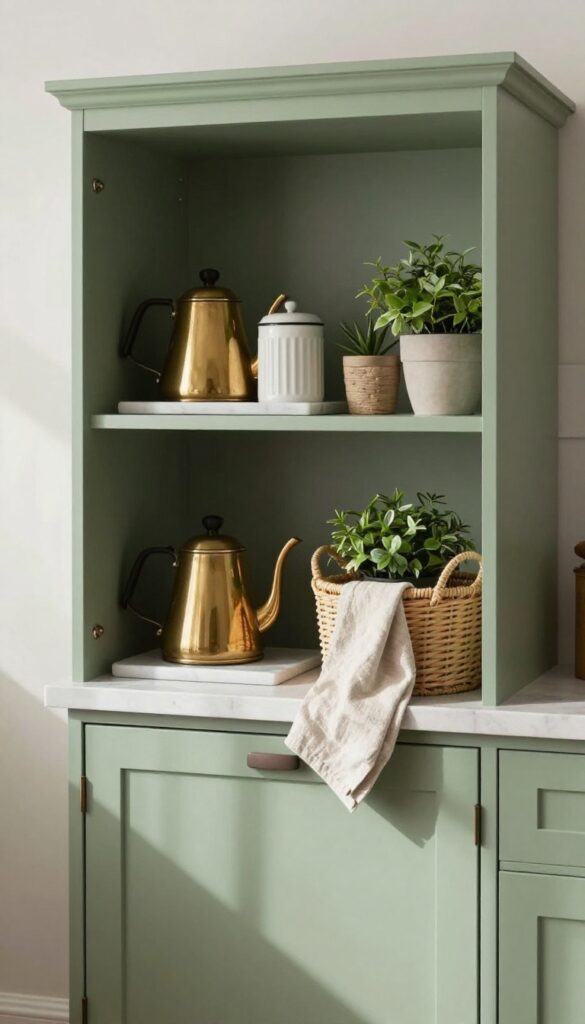 Compact corner cabinet coffee nook with open shelving, marble tray, brass kettle, and woven baskets in soft sage interior.