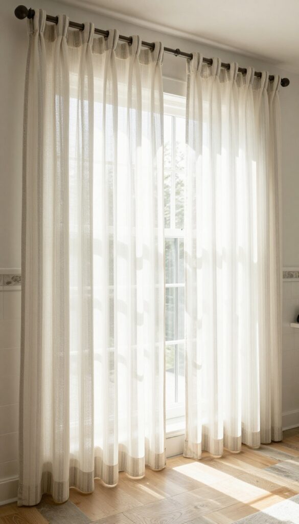 Farmhouse bathroom with striped sheer shower curtain allowing light and privacy