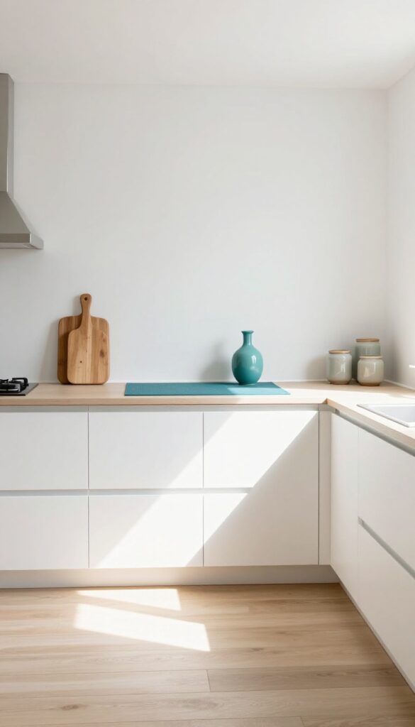 Neutral kitchen with white walls, light wood floor, and one teal accent rug and vase.