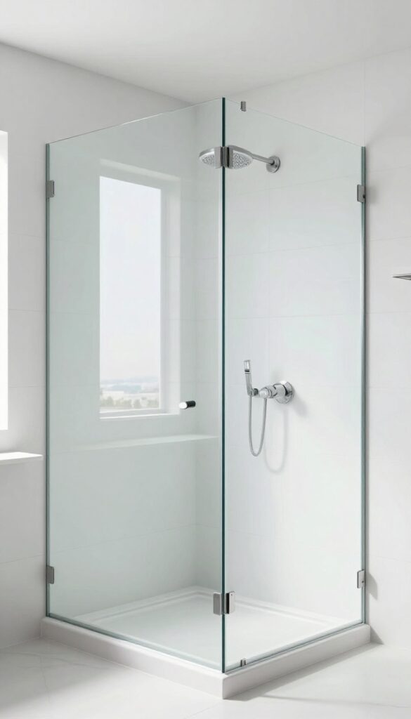 A frameless clear glass enclosure walk-in shower in a master bathroom with large-format tiles and minimal accessories, creating a spacious and polished look.