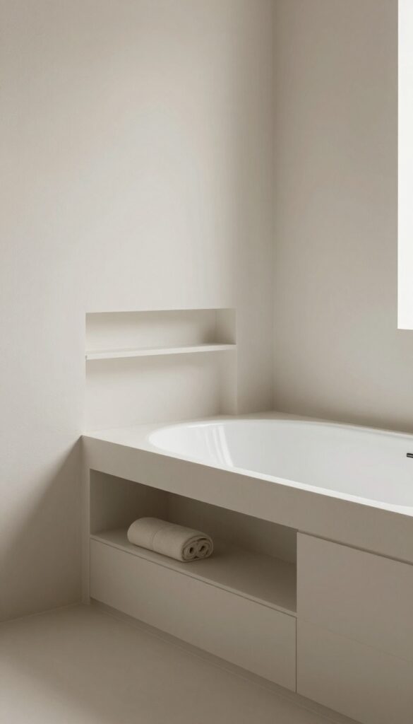 Minimalist bathroom with a bathtub and hidden storage for a relaxing, clutter-free space.