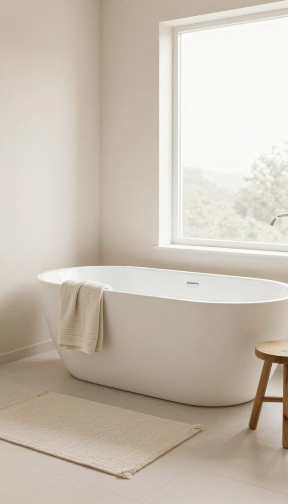 A serene bathroom with a bathtub featuring soft neutral colors like beige and off-white, designed for relaxation.