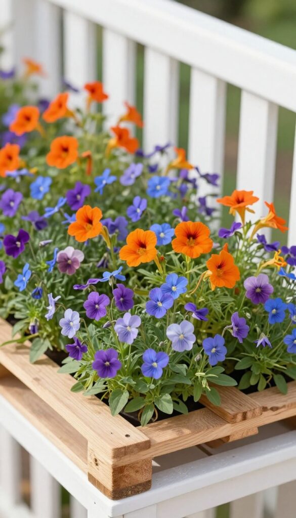 Pallet vertical garden with colorful edible flowers against a white fence