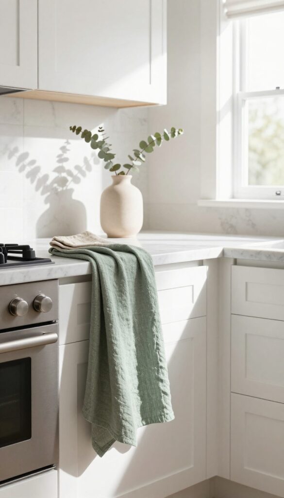 A light-filled kitchen with white cabinets and marble counters, featuring a sage green linen towel draped over an oven handle and a folded oatmeal linen placemat on the counter.