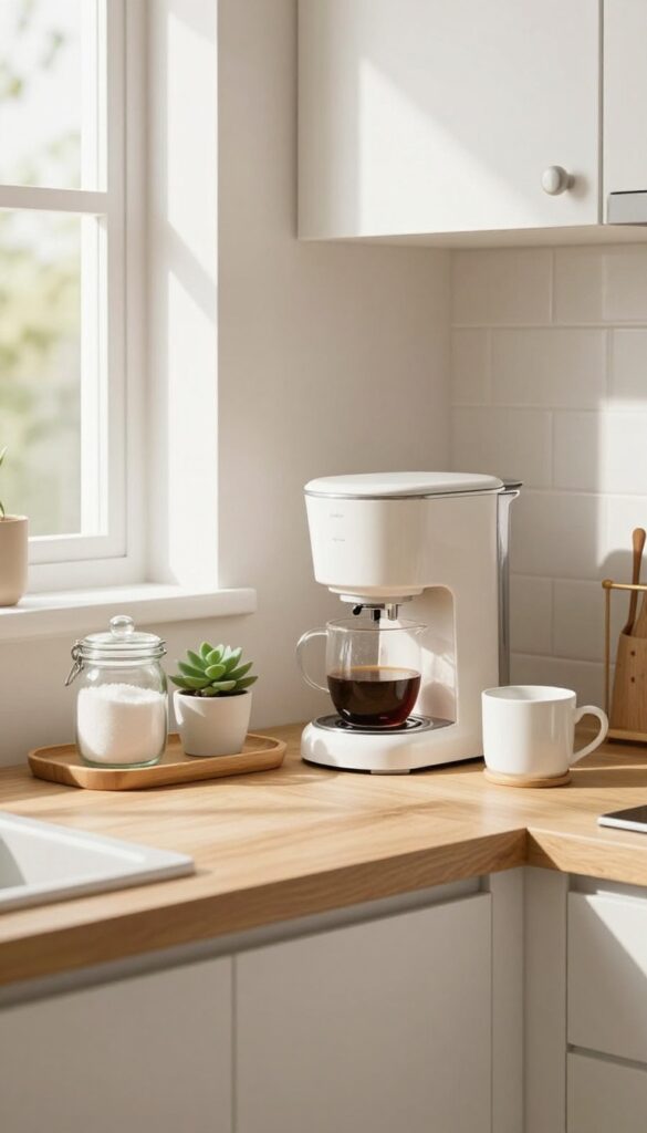 A cozy kitchen coffee station with a coffee maker, mugs, and tea supplies arranged on a wooden tray.
