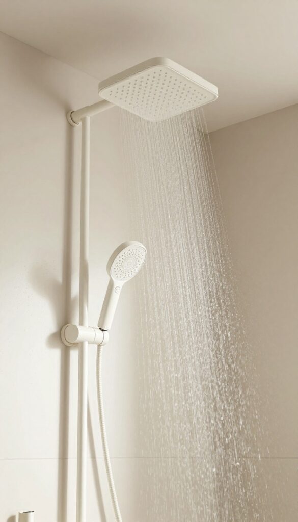 A modern bathroom with a rainfall showerhead and handheld attachment in bright natural light, showcasing adjustable settings and clean design for a relaxing shower experience.