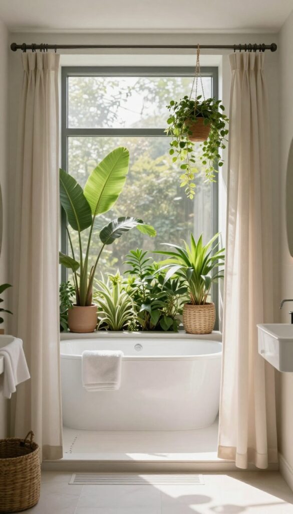 A bright and airy bathroom with natural light, greenery, and soft textiles creating a serene spa retreat atmosphere.