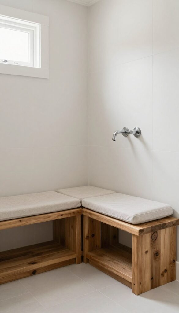 A farmhouse bathroom shower featuring a built-in wooden or tiled bench in the corner, with a waterproof cushion and natural lighting, creating a warm and functional space.
