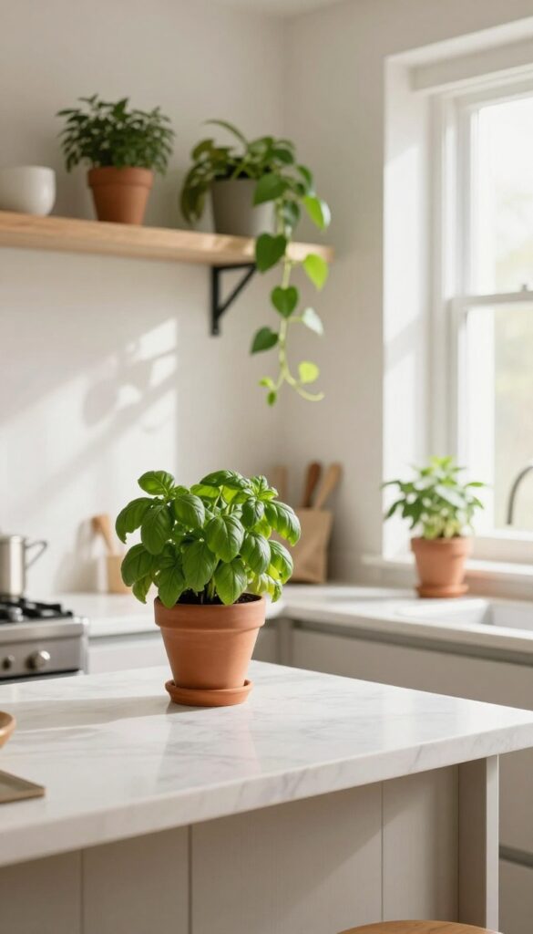 Kitchen diner with potted herbs on countertop and trailing plant on shelf