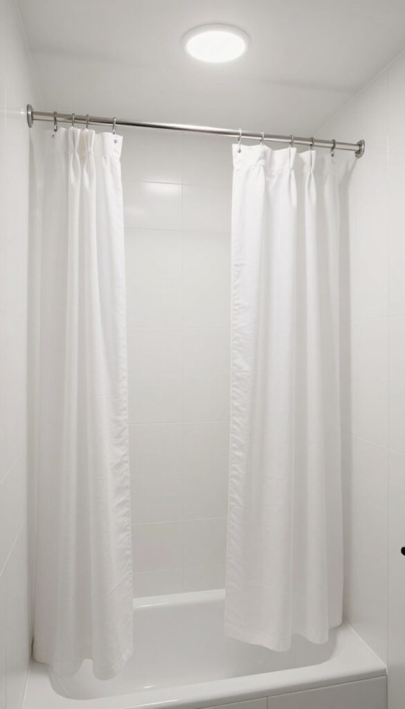 Small bathroom with curved ceiling track and white linen shower curtain bowing outward for extra space