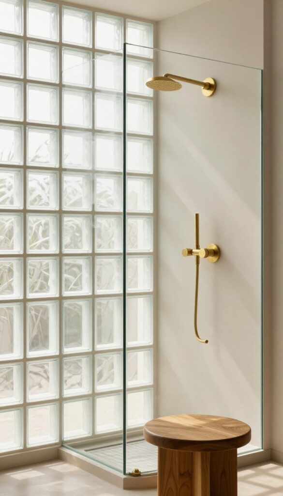Glass block wall shower with diffused light and brushed brass fixtures