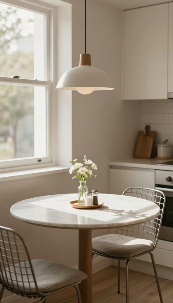 Compact bistro set for two in a cozy kitchen nook with marble table, wire-back chairs, pendant light, and window light.