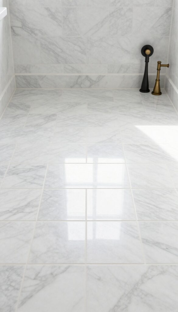 A small bathroom floor showcasing marble-look porcelain tiles in a staggered brick pattern with white and subtle gray veining, reflecting natural light to brighten the space, featuring matte finish, black fixtures, and brushed brass hardware for a luxurious yet practical upgrade.