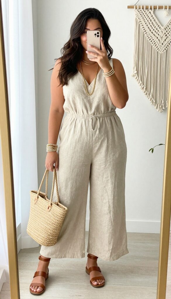 Plus-size woman in a beige linen jumpsuit with layered gold necklaces and hoop earrings, taking a mirror selfie in a bright room with boho decor.