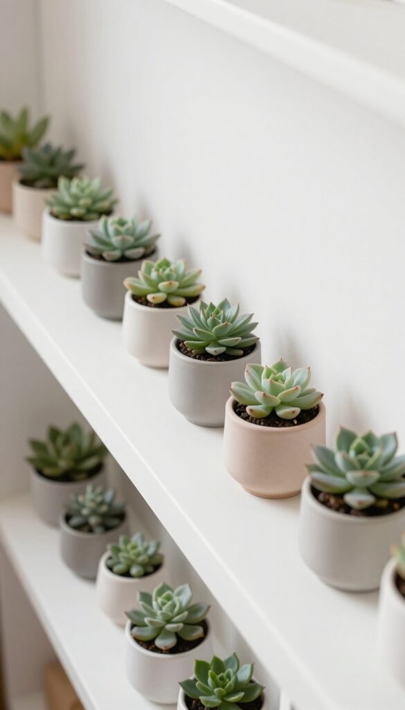 Small potted succulents in neutral pots on top of white kitchen cabinets
