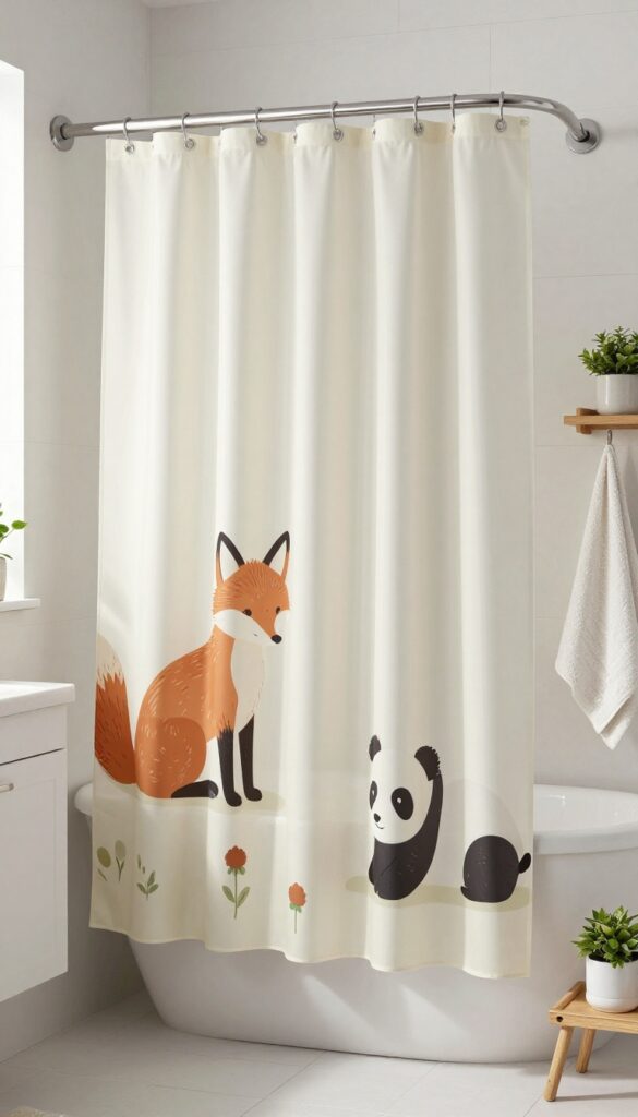 A whimsical animal print shower curtain with fox and panda illustrations in a bright, clean bathroom setting with natural light and minimal decor.
