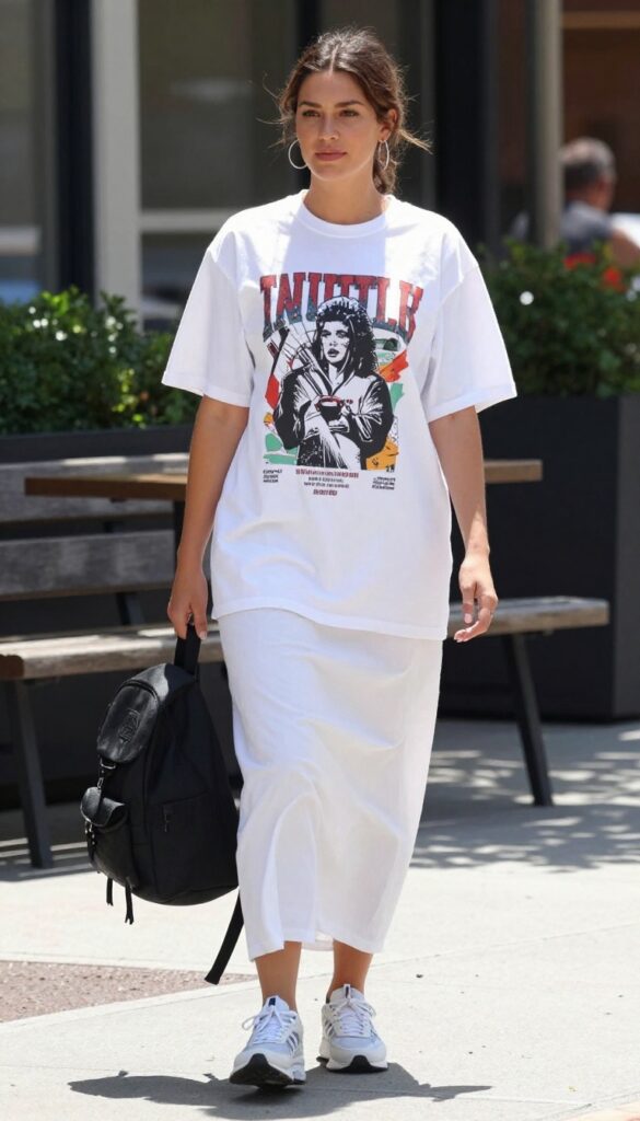A woman wearing an oversized graphic tee with a white maxi skirt, styled with chunky sneakers and accessories for a casual summer outfit.
