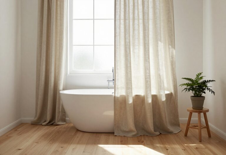 Modern bathroom with a beige linen shower curtain, white tub, and natural light creating a calm atmosphere