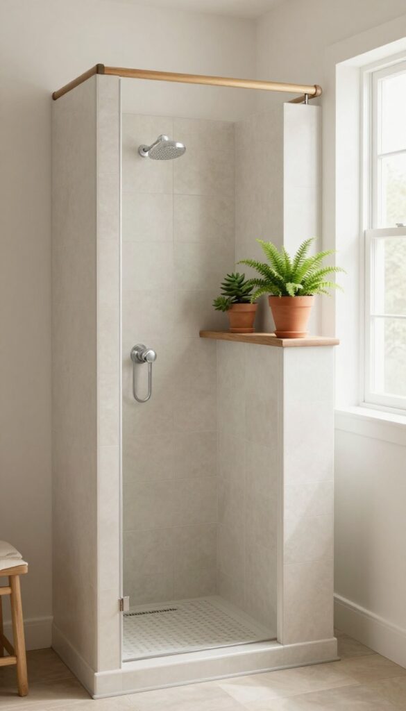 Farmhouse walk-in shower with botanical touches including potted plants on shelves and corners in natural light.