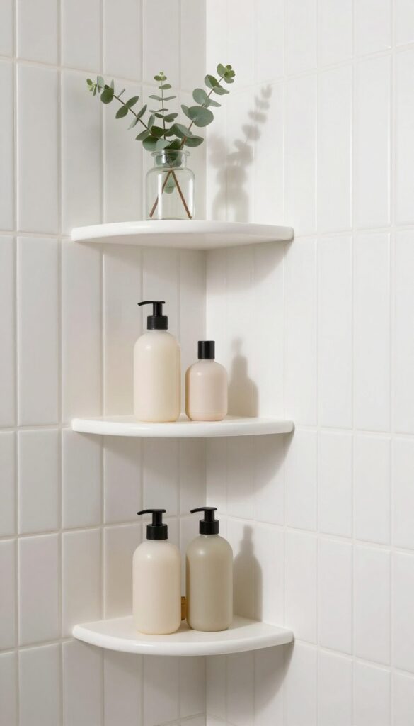 White beadboard tile shower with three tiered corner shelves holding toiletries and eucalyptus