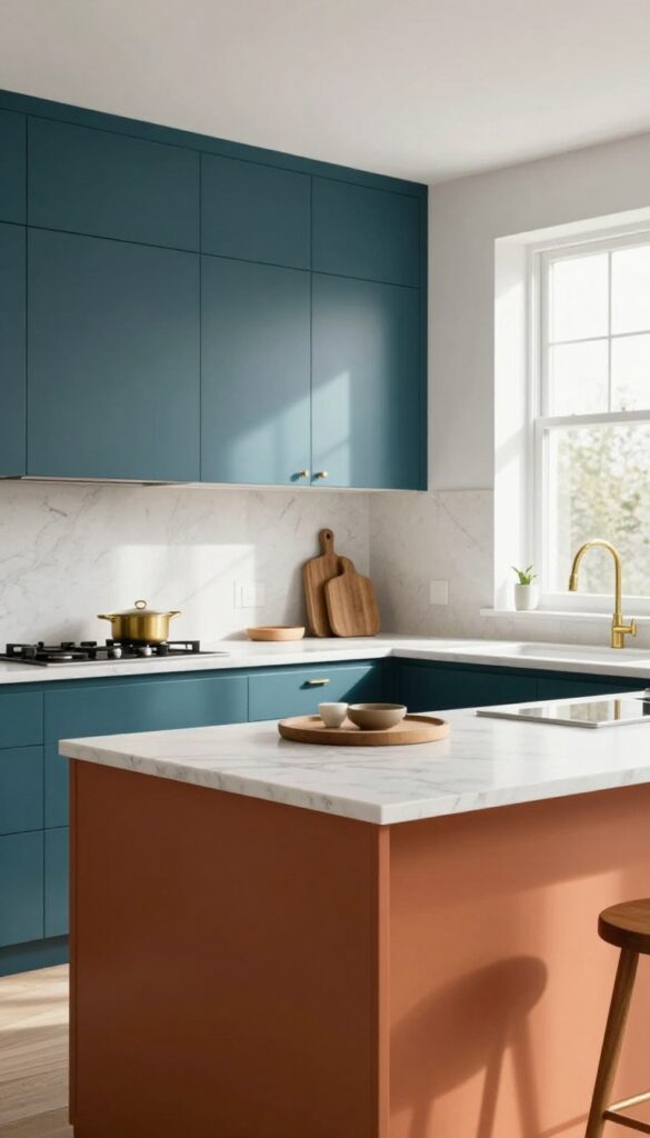 Kitchen with rust orange island and deep teal cabinets, white marble countertops, warm brass hardware, natural sunlight.