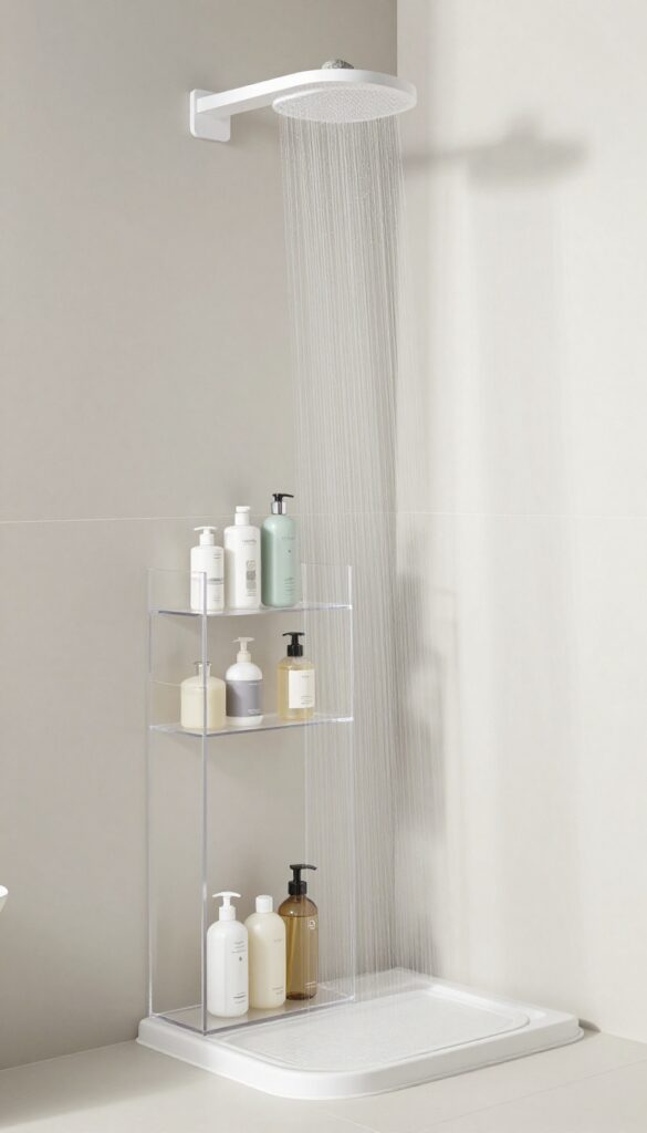 A clear acrylic freestanding niche unit in a bright bathroom shower corner, organizing shampoo and soap bottles without permanent installation.