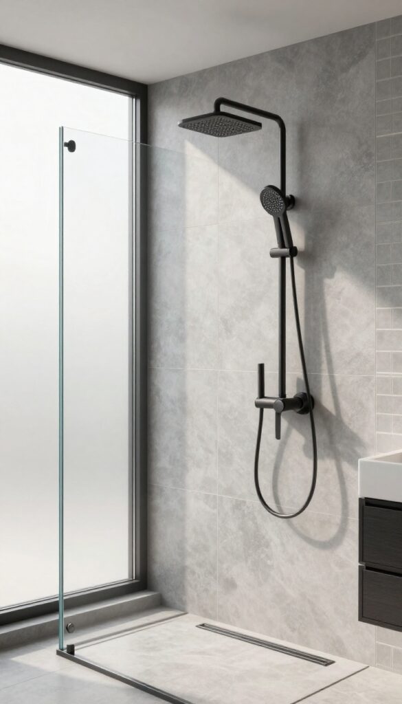 Luxurious bathroom with linear shower system featuring overhead bar and handheld wand, matte black fixtures, natural light, porcelain tiles.
