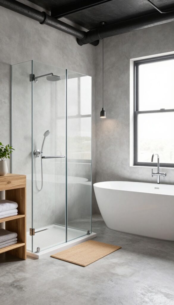 Industrial bathroom with exposed pipes and concrete finishes, featuring a bathtub and shower in bright natural light with warm wood accents.