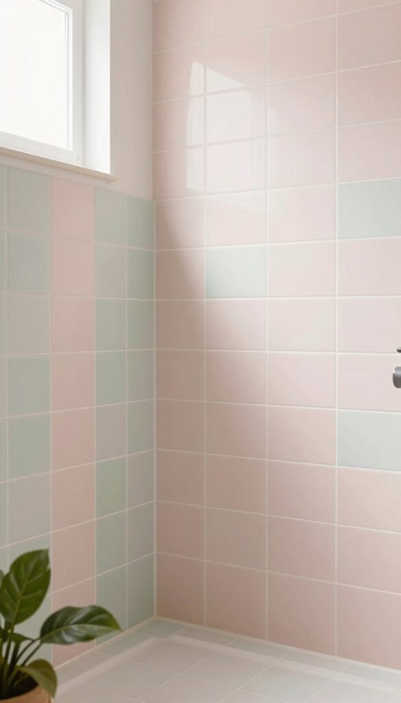 A serene shower stall with soft pastel pink and green tiles, bright natural light, white grout, wood accents, and plants for a relaxing bathroom design.