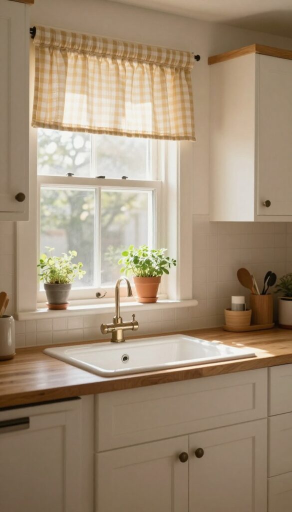Cozy kitchen with gingham valance above sink, natural light, white cabinets and butcher block countertop.