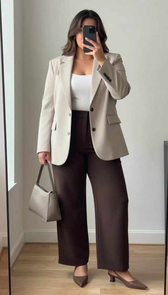 Plus-size woman in a tailored blazer and high-waisted trousers taking a mirror selfie, showcasing a polished yet relaxed outfit.