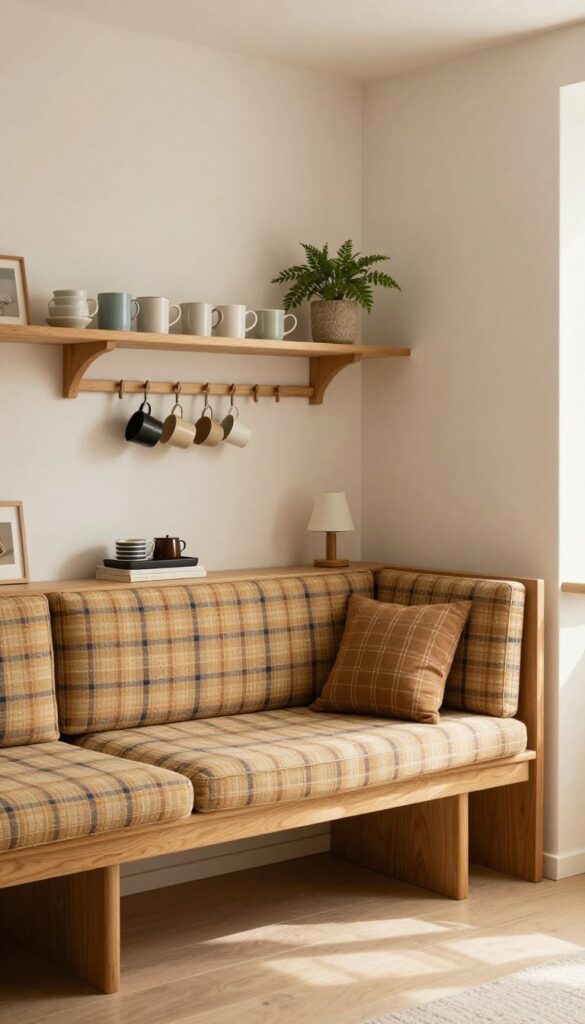 Cozy built-in banquette coffee nook with plaid cushions, open shelving, and natural light.