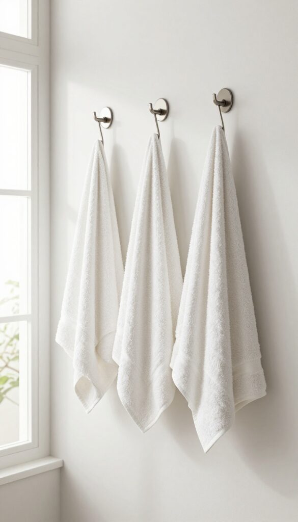A clean grid of wall hooks in a bathroom with towels hanging neatly in bright natural light.