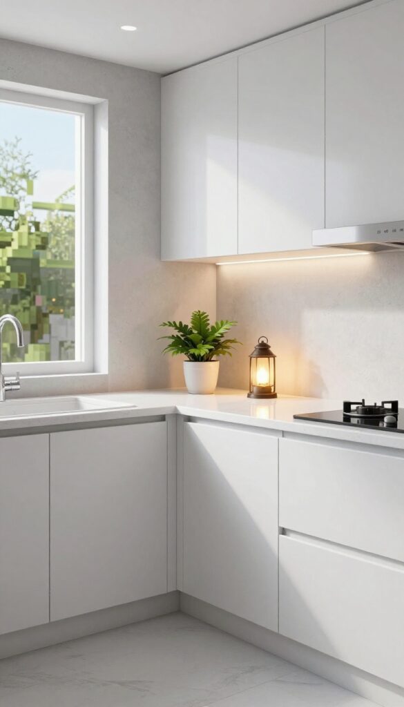 Modern Minecraft kitchen with quartz countertops, subtle gray backsplash, and glowing sea lanterns