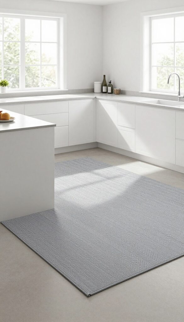 Monochrome patterned rug in a modern kitchen