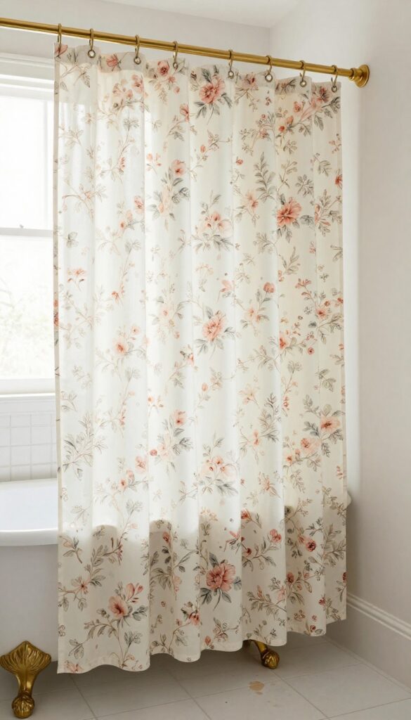 Vintage floral chintz shower curtain in a bright bathroom with brass hardware and clawfoot tub