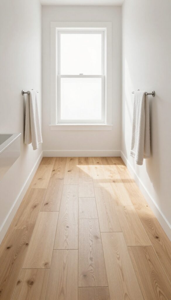 Wood-look porcelain tile flooring in a light oak tone installed in a small modern bathroom with natural light, showing staggered plank layout and minimal decor for a warm, inviting spa-style look.
