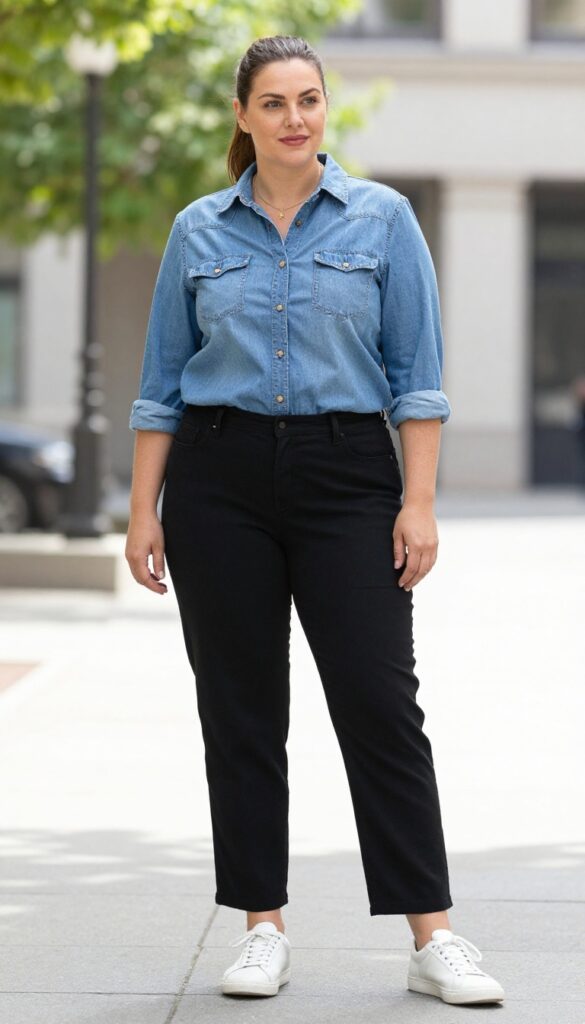 A woman wearing black pants and a lightweight denim shirt with white sneakers and a tote bag, styled in a casual summer outfit for a fashion blog.