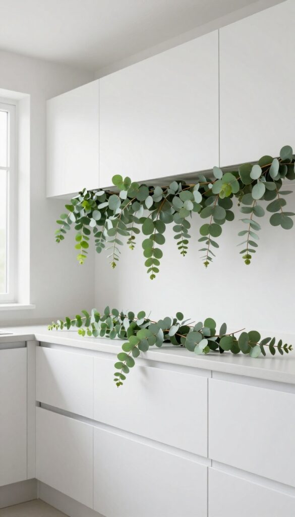 A single eucalyptus garland draped across the top of white kitchen cabinets