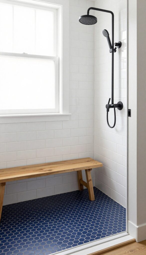 Navy hexagon floor tiles with white subway walls in a bright shower featuring a teak bench and matte black fixtures.
