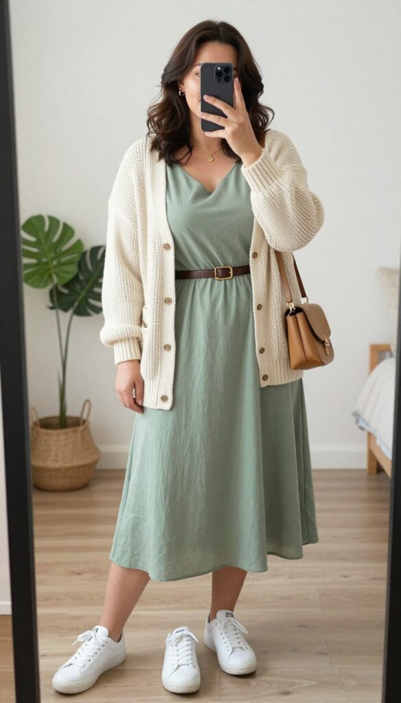 Plus-size woman in a sage green midi dress and open cream cardigan, taking a mirror selfie with white sneakers and tan crossbody bag.