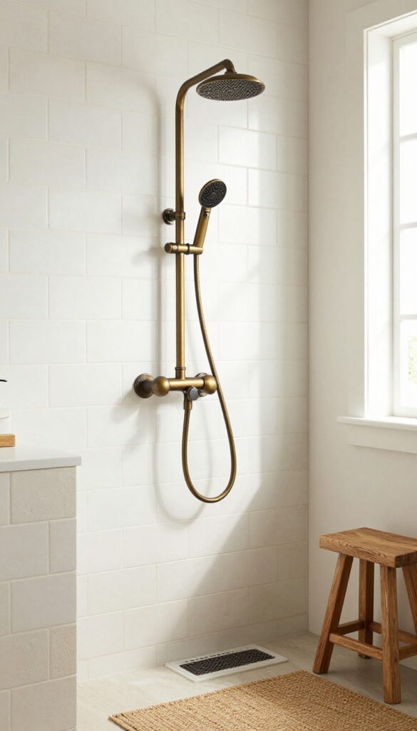 A farmhouse bathroom shower with vintage-style matte brass and black fixtures against white subway tiles and stone, featuring natural light, a woven bath mat, and wooden accents for a warm, inviting rustic feel.