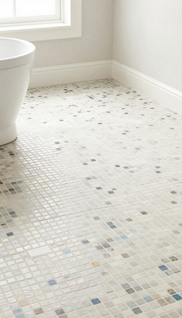 A close-up view of a mosaic tile floor in a shower, featuring textured tiles for slip resistance and vibrant patterns that enhance bathroom safety and style.
