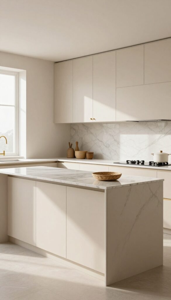 Soft neutral cloud kitchen with beige cabinets, brass hardware, and marble countertop