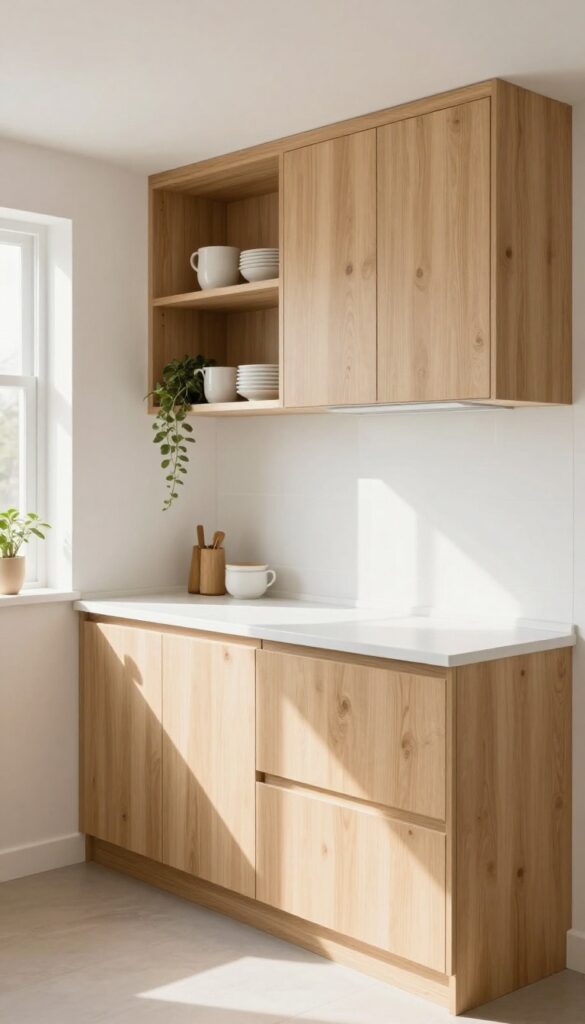 Light wood kitchen with white countertops and open shelving