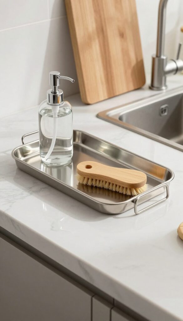 Stainless steel wire tray with handle holding soap dispenser and brush on marble countertop by kitchen sink