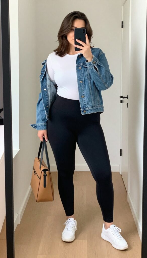 Plus-size woman in black leggings, white tee, and light-wash denim jacket taking a mirror selfie with phone, wearing sneakers and a small crossbody bag.